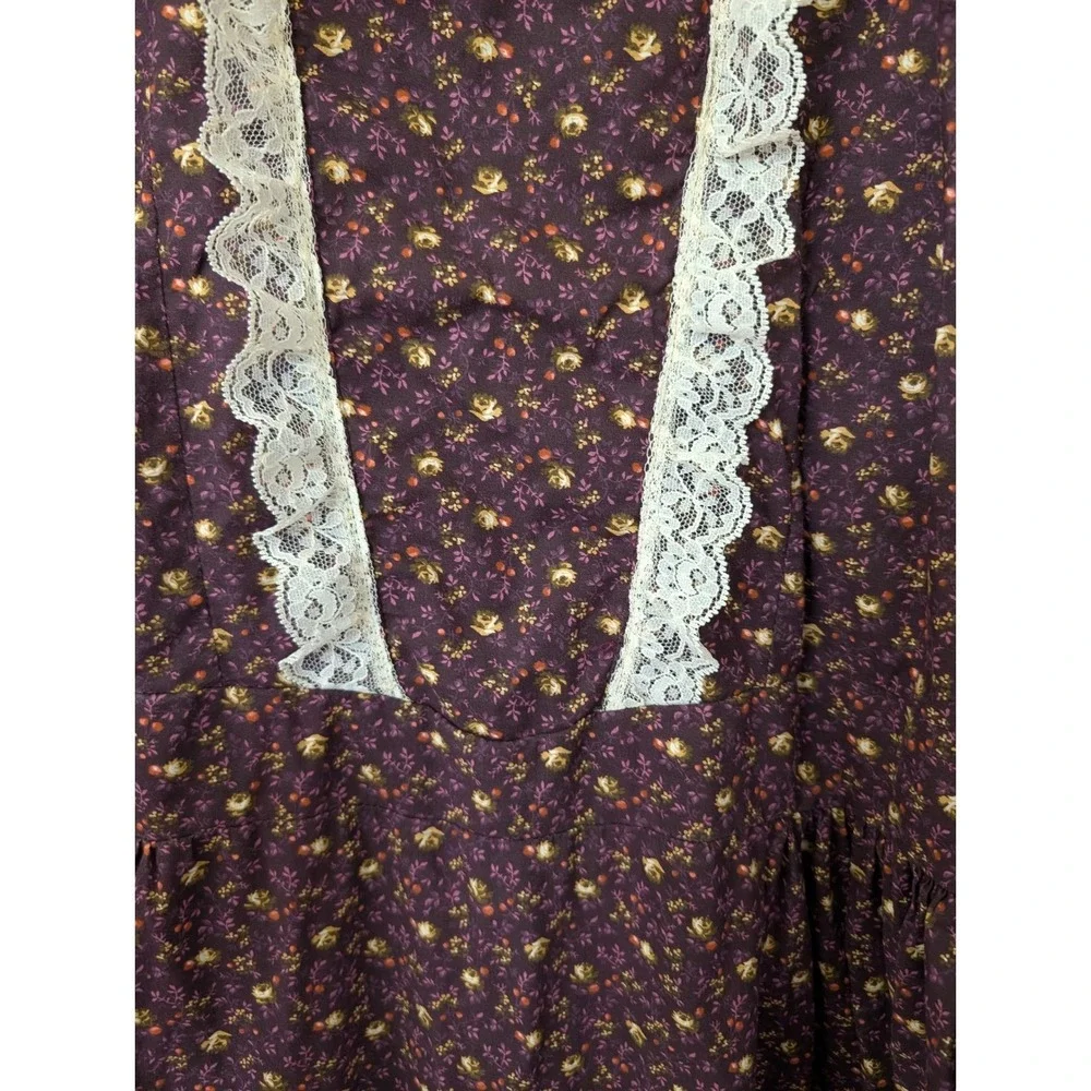 Vintage Plum Floral Calico Prairie Midi Dress Lace Trim Cottagecore XL Handmade - Picture 7 of 14